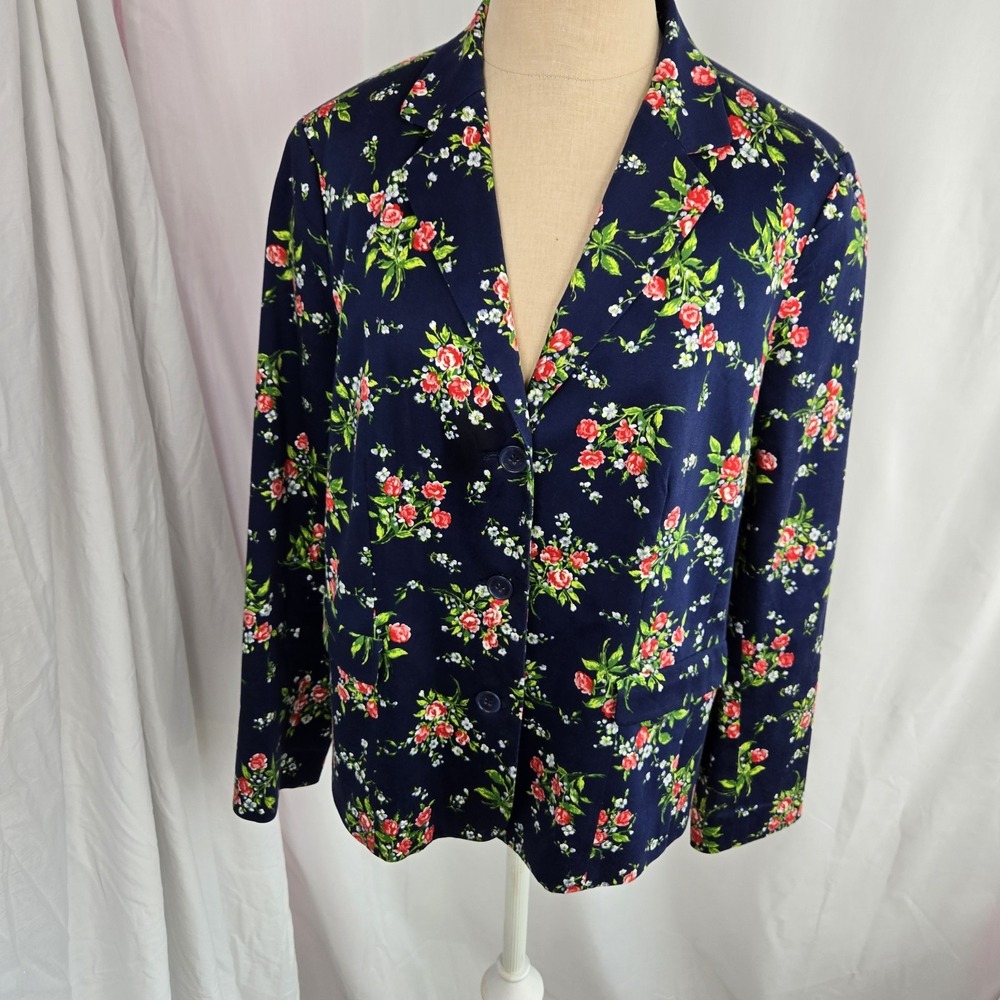 Orvis Womens Navy Blue Floral Blazer 3 Button Jacket Size 12 Cotton
